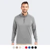 A man wearing a grey half-zip pullover, featuring long sleeves and a collar, with a logo. Different colour options below.