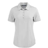 A light grey women's polo shirt with a collar and short sleeves, featuring a button placket and a logo.