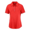 A red women's polo shirt with a collar and buttons, featuring a logo on one side.