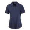 A navy women's polo with a collared neckline, short sleeves, and a button placket, featuring a logo.