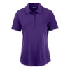 A purple women's polo shirt with a collar and button placket, featuring a logo on the chest.
