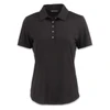 A black women's polo shirt with a collar and short sleeves, featuring a button placket and a logo.