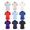 A collection of ten women's polo shirts in grey, white, red, light blue, navy, purple, and black, featuring a logo.