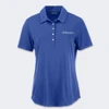 A women's polo shirt in a vibrant blue colour, featuring a collar, button placket, and a logo on the chest.
