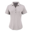 A women's polo shirt in light grey with a collar and button placket, featuring a logo.