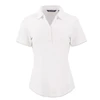 A women's polo in white with a collared neckline and button placket, featuring a small logo.