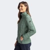 A green women's jacket with a quilted design and a logo, featuring a stand-up collar and zippered pockets.