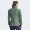 A quilted women's jacket in green with a high collar and a back view. It features a logo on the front.