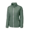A women's jacket in a muted green colour with a quilted pattern, featuring a full front zipper and zippered pockets.