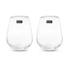 A set of two clear stemless wine glasses with a logo on each.