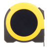A tape measure featuring a black and yellow casing, with a rounded design and a side retractable mechanism.