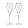 A pair of clear glass flutes with elegant curvy shapes, resting on slender stems. The set features a branding logo.