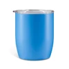 A blue coffee cup with a transparent lid and a smooth matte finish, featuring a logo.