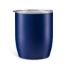 A navy blue insulated coffee cup with a clear lid, featuring a smooth matte finish and a branding logo.