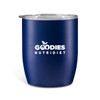 A drink bottle in navy blue with a clear lid and a white logo on the front.