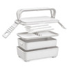 A double tray lunchbox in white with a handle, containing two compartments and a fork and spoon set.
