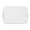 A white double tray lunchbox with a hinged lid, featuring a simple design and a logo.