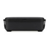 A black lunchbox with a removable lid and sturdy handles, featuring a sleek and minimalist design.