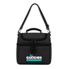 A black insulated lunch bag with a shoulder strap, featuring a logo on the front.