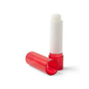A red twist lip balm with a white applicator, featuring a transparent cap next to it. It has a simple logo.