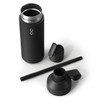 A drink bottle in matte black with a removable lid, straw, and attached cap, featuring a logo.