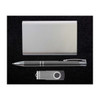 A silver pen, a silver cardholder, and a silver USB drive arranged on a dark background. The set features a logo.