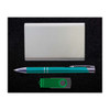 A power bank gift set featuring a sleek silver wallet, a green pen, and a green USB flash drive.