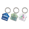 Three house-shaped key rings in blue, green, and white, each features a logo and colourful designs.