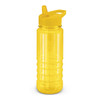 A drink bottle in vibrant yellow with a straw and a flip-top lid, featuring a textured grip design.