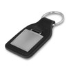 A black leather key ring with a square metal tag.