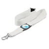 A white lanyard with a clip and a circular branding logo in the centre.