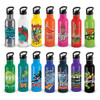 A drink bottle collection featuring various colours including white, red, green, blue, purple, and orange, each with logo designs.