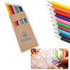 A set of colored pencils in a cardboard holder, featuring various vibrant colors with a logo on the front.