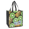 A black tote bag featuring a vibrant kiwi fruit design, with sturdy black handles and a logo.