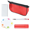 A red pouch containing a notepad, a pen, a set of colorful sticky notes, and a red lip balm.