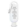 A white sunscreen bottle with a carabiner, containing SPF 50+, 50ml. It features a logo and a twist-off cap.