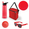 A drink bottle, a red cooler bag, a frisbee, a red rubber ball, and a pair of red sunglasses.