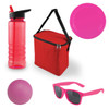 A red cooler bag, pink drink bottle, pink frisbee, pink sunglasses, and a purple ball.