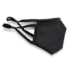 A black reusable cotton face mask with adjustable straps and a structured shape. It features a logo.