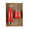 A drink bottle and a drinking cup in a vibrant red color, presented in a cardboard gift box.