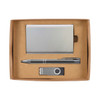 A gift set containing a sleek metal card holder, a metal pen, and a USB flash drive, all presented in a cardboard box.