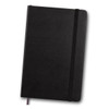 A black Moleskine sketchbook with a textured cover and an elastic closure band.
