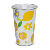 A plastic cup featuring a vibrant design with yellow lemons, flowers, and leaves on a light background.