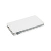 A white power bank with a sleek design and a grey slider, featuring multiple ports and a logo.
