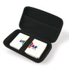 A white power bank inside a black zippered case, featuring a logo on the top.