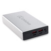 A silver power bank with two USB ports and a logo. The design is sleek and compact, ideal for technology use.