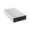 A silver power bank with multiple USB ports and a logo, designed for charging mobile devices.