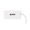 A white luggage tag with a transparent attachment and a logo. Simple, sleek design suitable for travel.