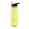 A drink bottle in bright yellow with a black lid and straw, featuring a textured grip design and a logo.