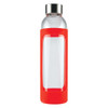 A drink bottle with a transparent glass body and a bright red silicone sleeve, topped with a stainless steel cap.